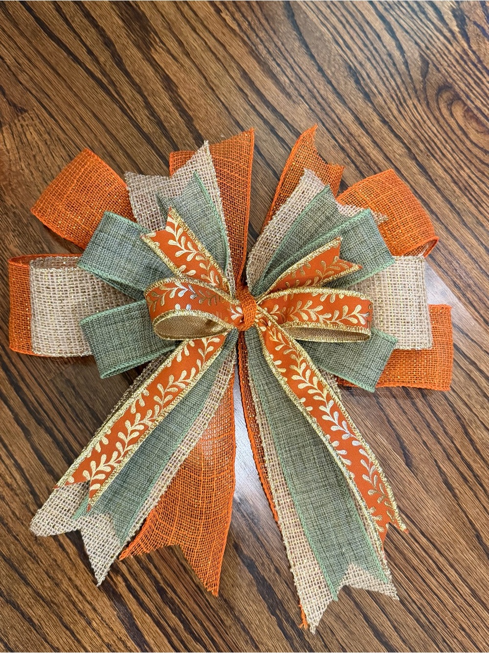 Triple-Layer Burlap Holiday Bow in Orange, Green & Natural